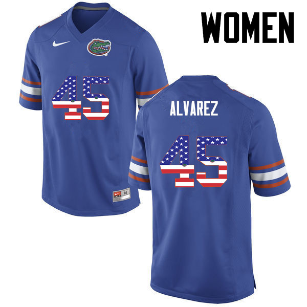 Women Florida Gators #45 Carlos Alvarez College Football USA Flag Fashion Jerseys-Blue - Click Image to Close
